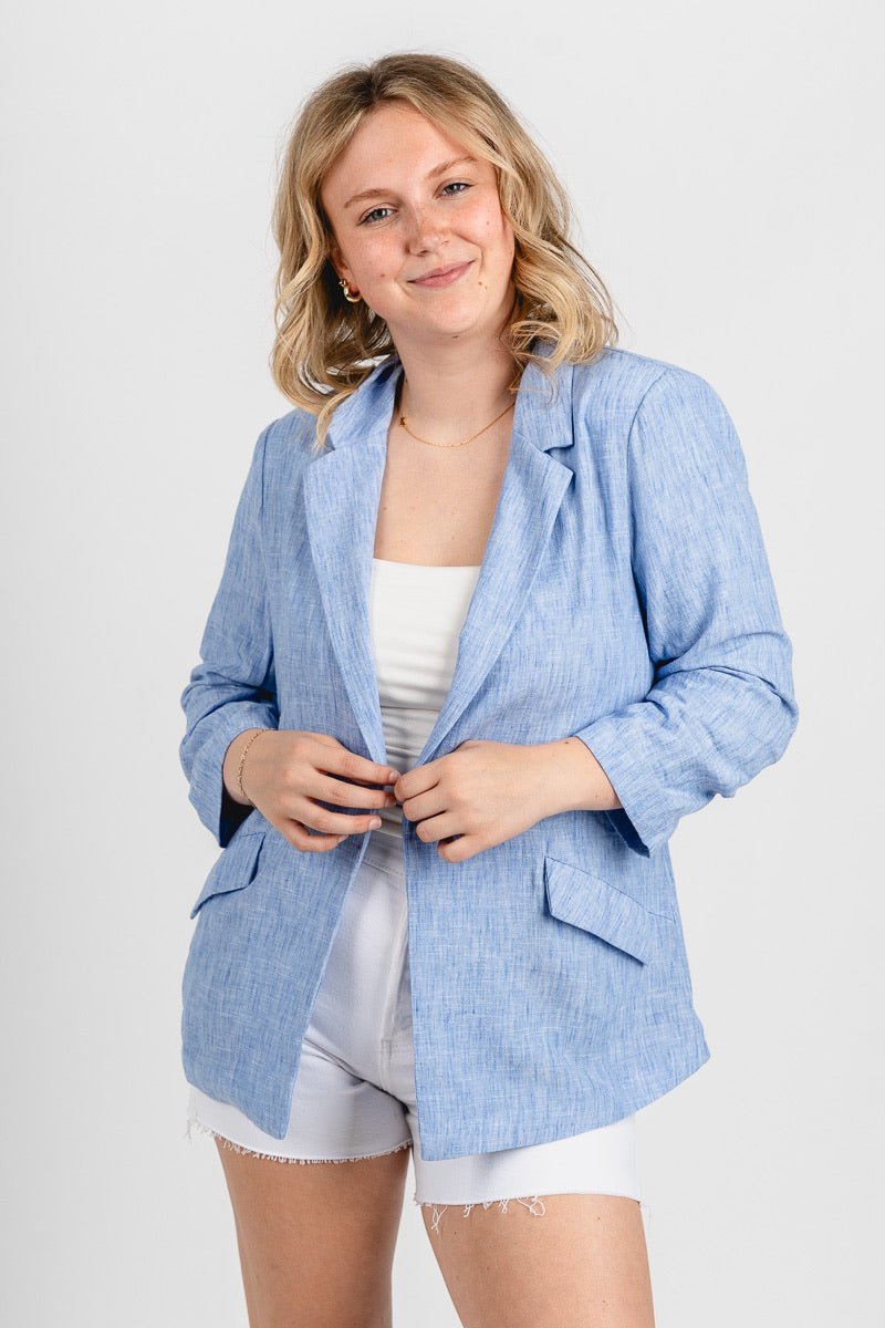 Chambray blazer light blue – Trendy Jackets | Cute Fashion Blazers at Lush Fashion Lounge Boutique in Oklahoma City
