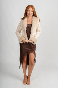Fur trim suede jacket beige – Fashionable Jackets | Trendy Blazers at Lush Fashion Lounge Boutique in Oklahoma City