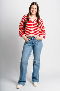 Striped sweater cardigan red/pink - Trendy Valentine's T-Shirts at Lush Fashion Lounge Boutique in Oklahoma City