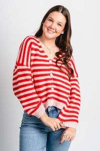 Striped sweater cardigan red/pink - Trendy T-Shirts for Valentine's Day at Lush Fashion Lounge Boutique in Oklahoma City