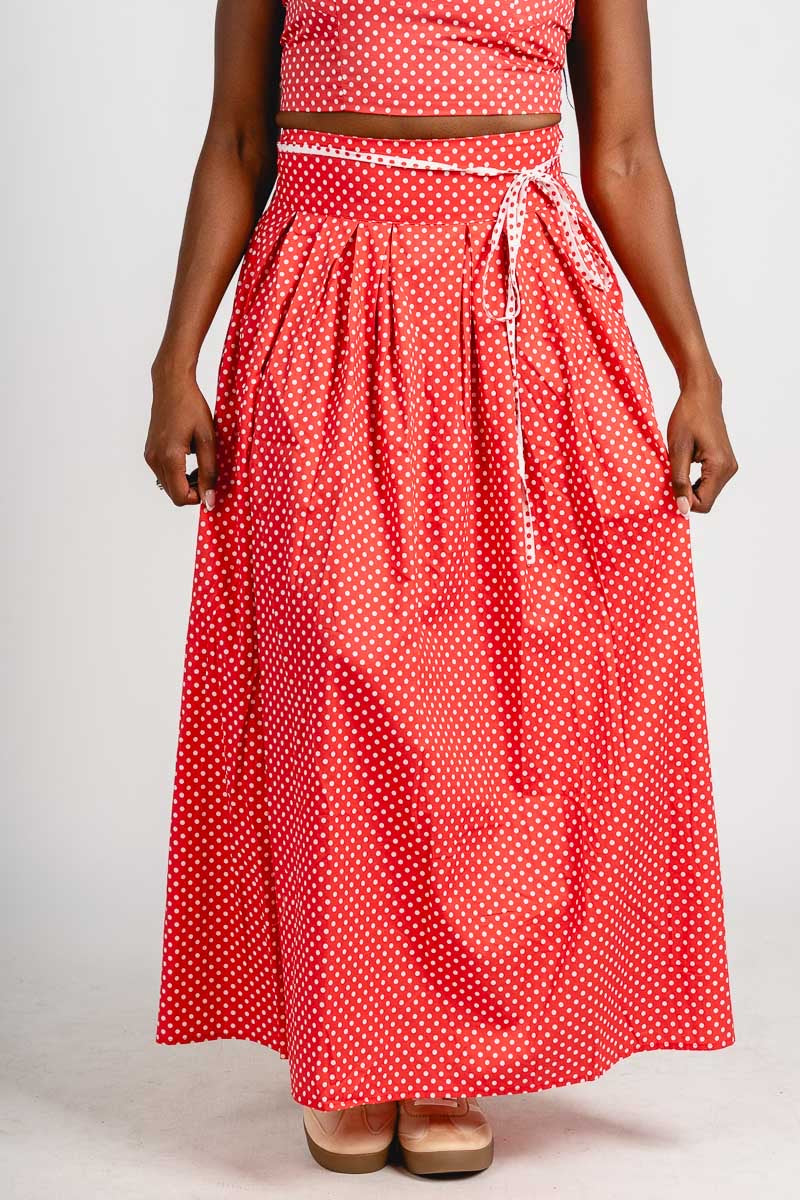 Polka dot maxi skirt berry | Lush Fashion Lounge: boutique fashion skirts, affordable boutique skirts, cute affordable skirts