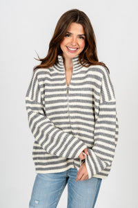 Striped zip up sweater heather grey/ivory – Stylish Sweaters | Boutique Sweaters at Lush Fashion Lounge Boutique in Oklahoma City