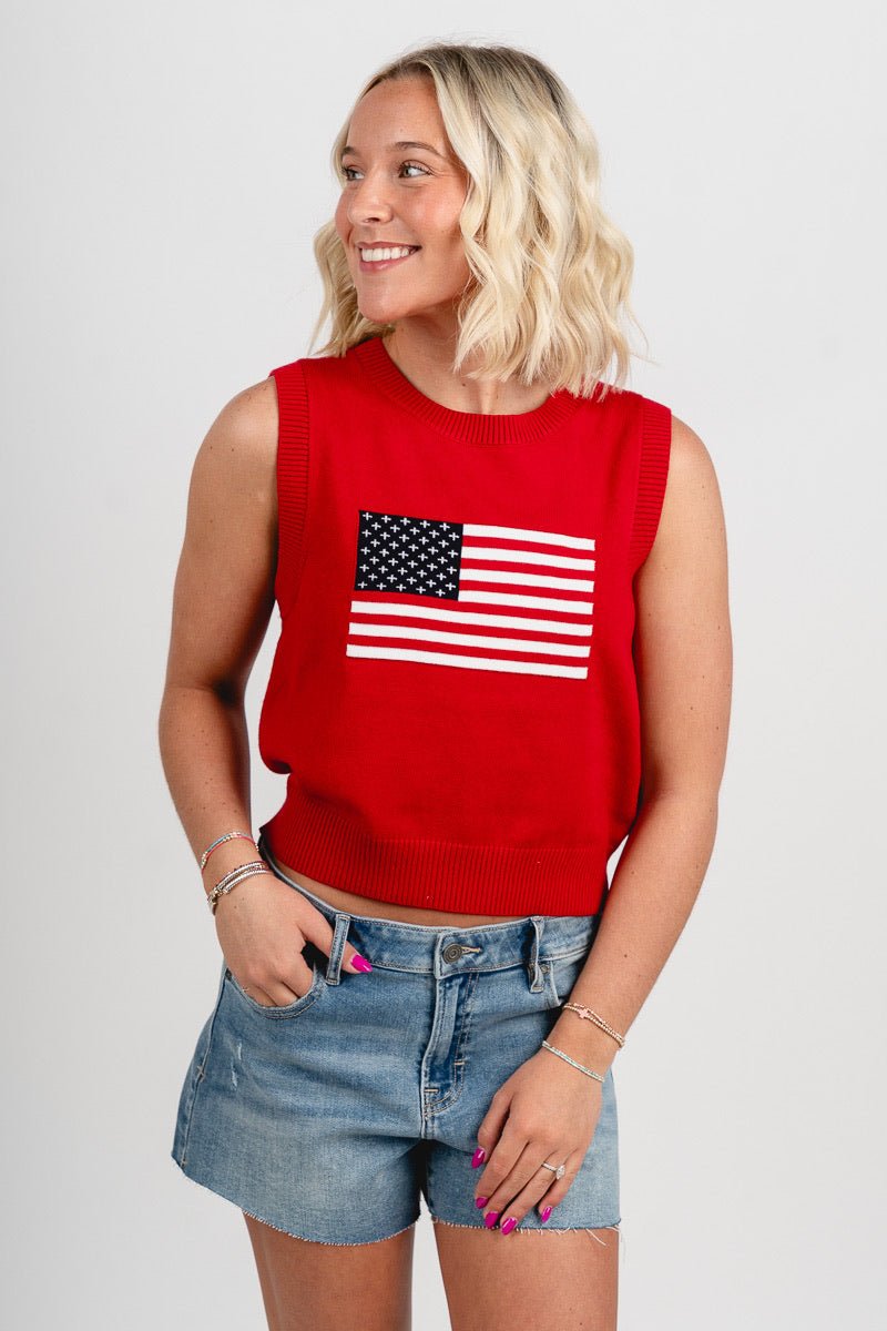 Sleeveless American flag sweater red - Trendy Sweater - Cute American Summer Collection at Lush Fashion Lounge Boutique in Oklahoma City