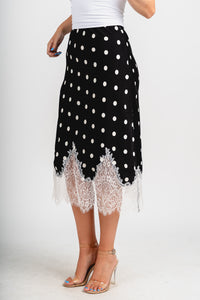 Lace trim polka dot midi skirt black/white | Lush Fashion Lounge: boutique fashion skirts, affordable boutique skirts, cute affordable skirts