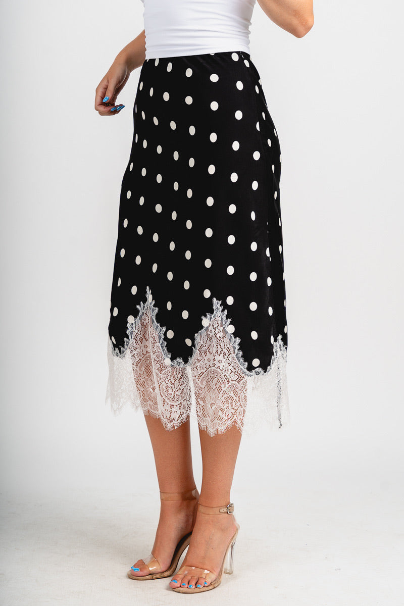 Lace trim polka dot midi skirt black/white | Lush Fashion Lounge: boutique fashion skirts, affordable boutique skirts, cute affordable skirts