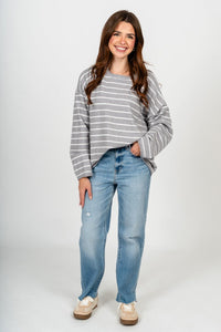 Striped oversized sweater heather grey – Unique Sweaters | Lounging Sweaters and Womens Fashion Sweaters at Lush Fashion Lounge Boutique in Oklahoma City