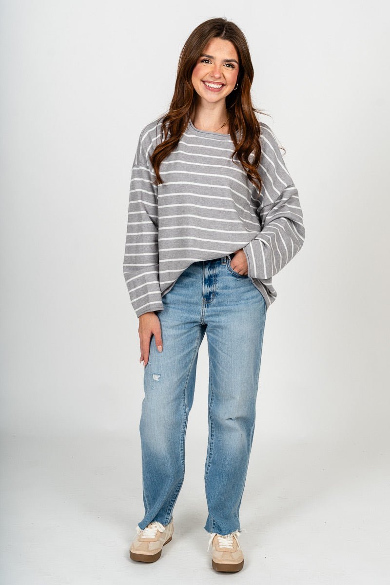 Striped oversized sweater heather grey – Unique Sweaters | Lounging Sweaters and Womens Fashion Sweaters at Lush Fashion Lounge Boutique in Oklahoma City