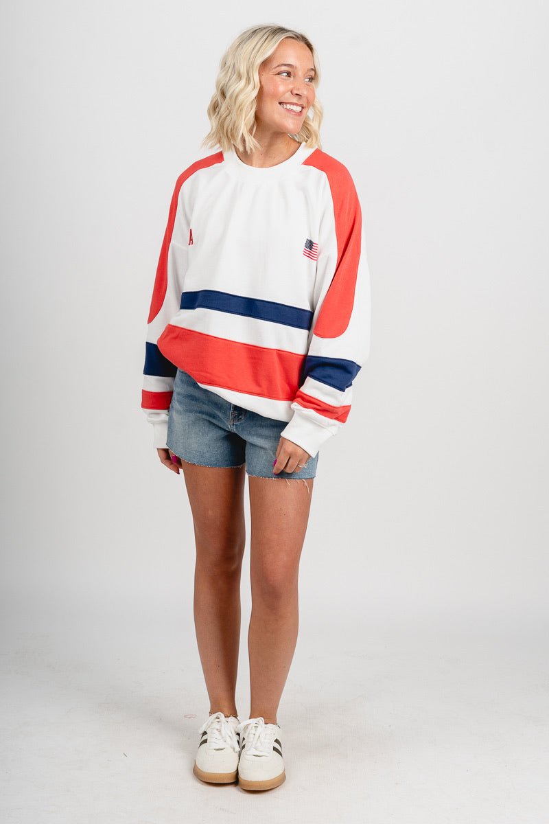 USA color block sweatshirt red/white/navy - Fun sweatshirt - Unique American Summer Ideas at Lush Fashion Lounge Boutique in Oklahoma