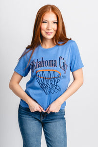 OKC basketball swoosh unisex t-shirt blue - Trendy OKC Apparel at Lush Fashion Lounge Boutique in Oklahoma City