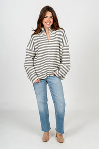 Striped zip up sweater heather grey/ivory – Unique Sweaters | Lounging Sweaters and Womens Fashion Sweaters at Lush Fashion Lounge Boutique in Oklahoma City