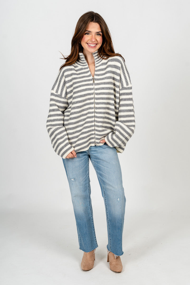 Striped zip up sweater heather grey/ivory – Unique Sweaters | Lounging Sweaters and Womens Fashion Sweaters at Lush Fashion Lounge Boutique in Oklahoma City