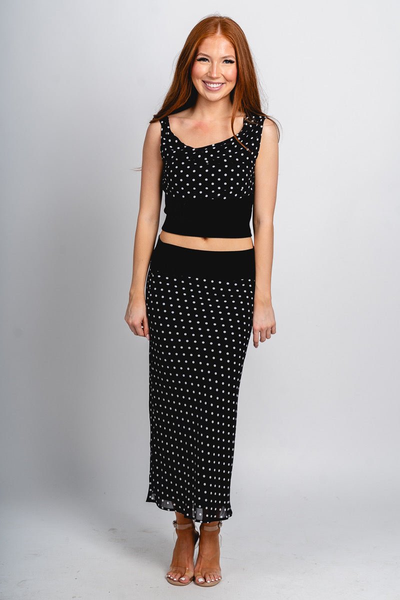 Polka dot midi skirt black/white | Lush Fashion Lounge: boutique fashion skirts, affordable boutique skirts, cute affordable skirts