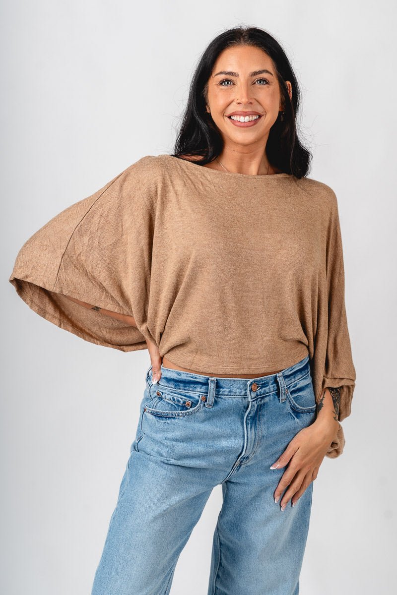 Asymmetrical lightweight sweater camel – Stylish Sweaters | Boutique Sweaters at Lush Fashion Lounge Boutique in Oklahoma City