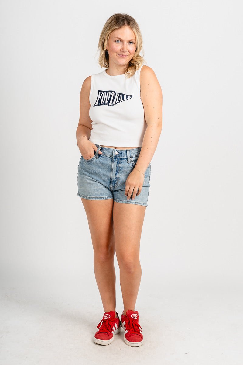 Football pennant flag tank top white/navy Stylish top - Womens Fashion Tank Tops at Lush Fashion Lounge Boutique in Oklahoma City