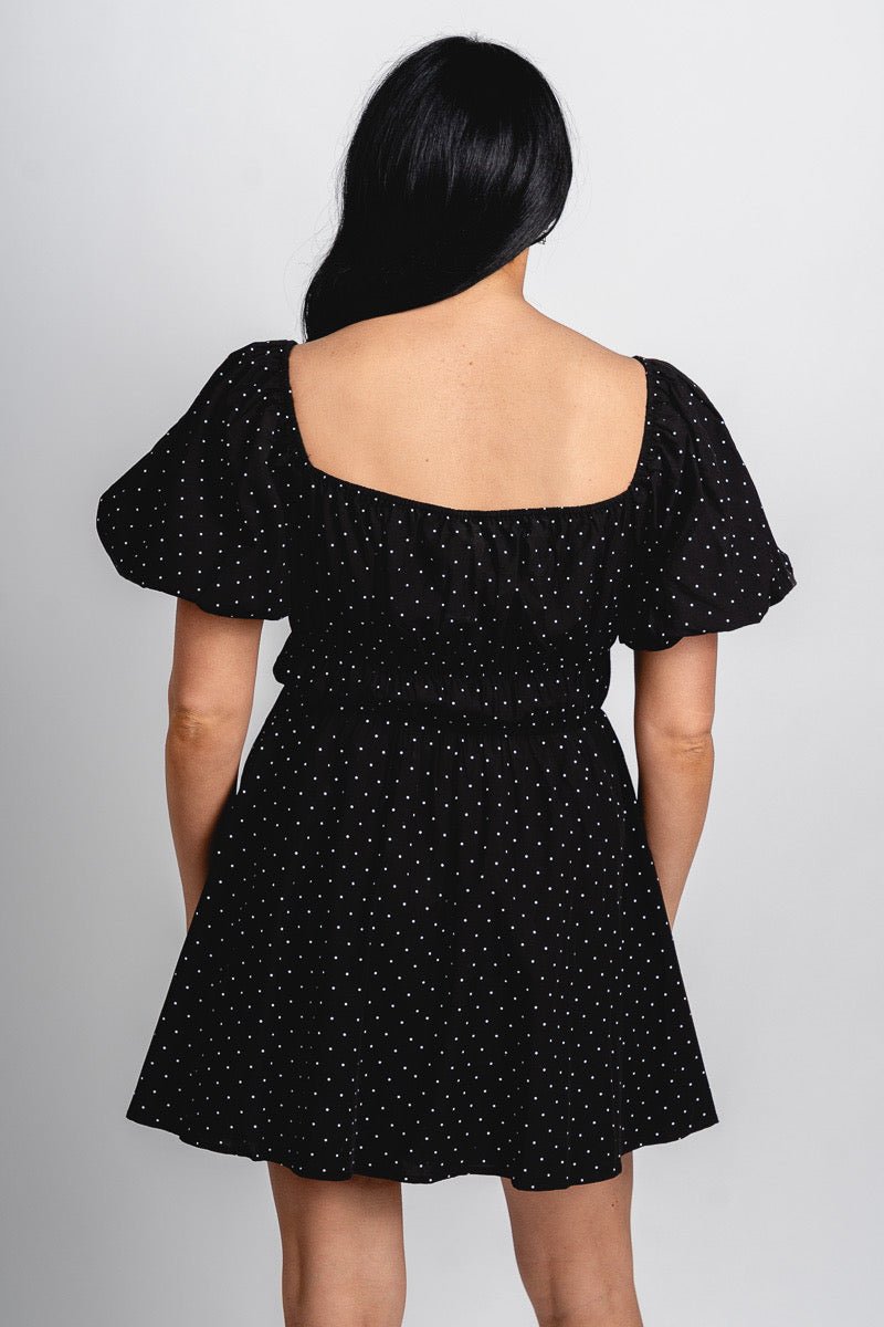 Puff sleeve polka dot mini dress black