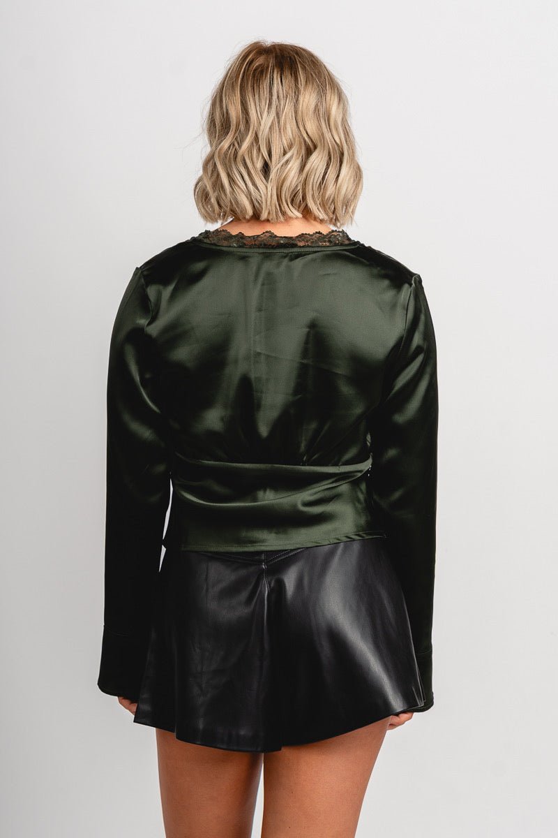 Lace trim satin tie top dark green