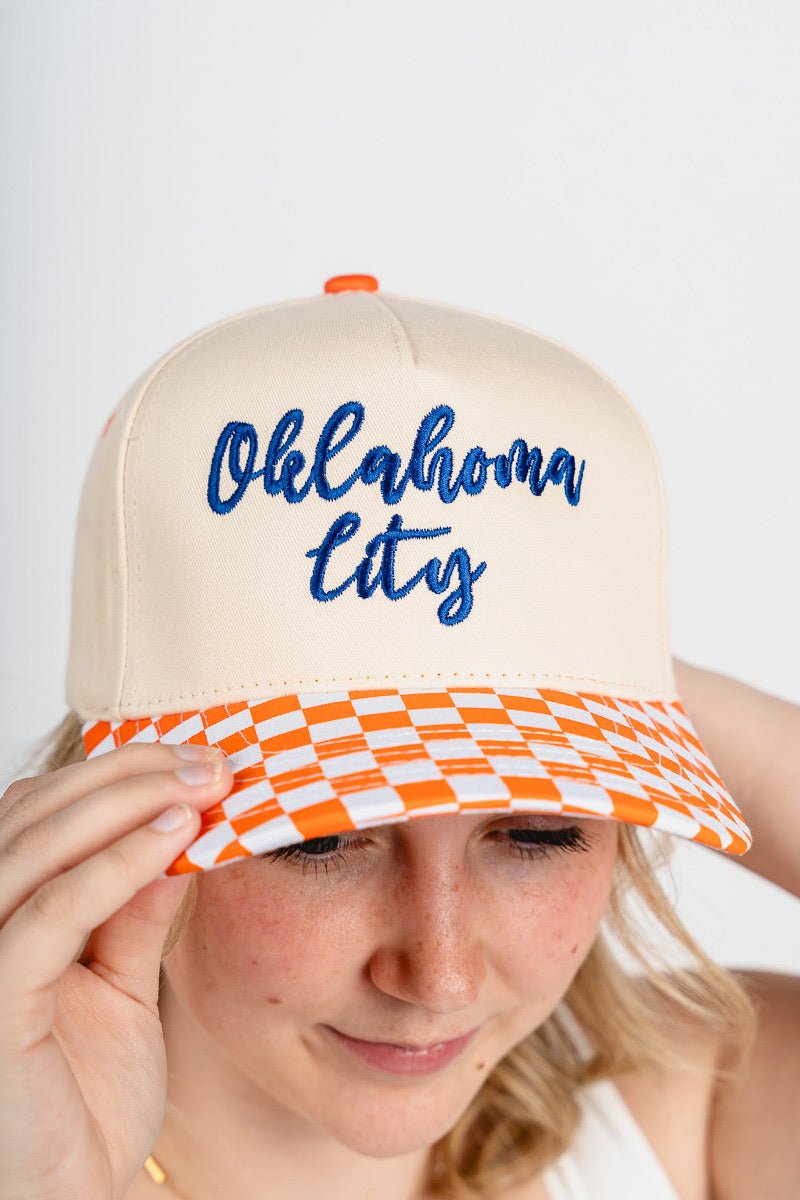 Oklahoma City cursive checkered hat orange - Trendy Hats at Lush Fashion Lounge Boutique in Oklahoma City