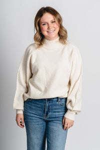Mock neck balloon sleeve sweater almond milk – Boutique Sweaters | Fashionable Sweaters at Lush Fashion Lounge Boutique in Oklahoma City