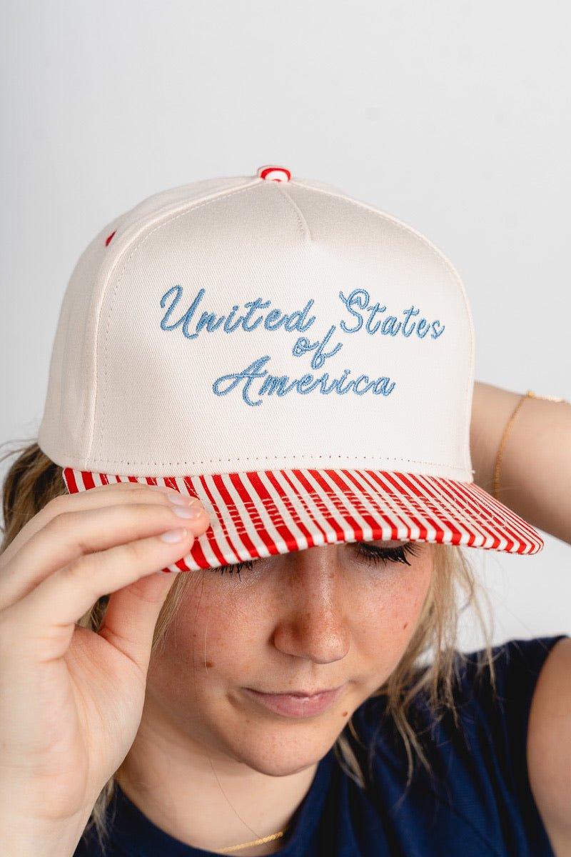 USA script stripe hat - Trendy hat - Cute American Summer Collection at Lush Fashion Lounge Boutique in Oklahoma City