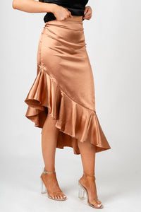 Asymmetrical ruffle satin skirt bronze | Lush Fashion Lounge: boutique fashion skirts, affordable boutique skirts, cute affordable skirts