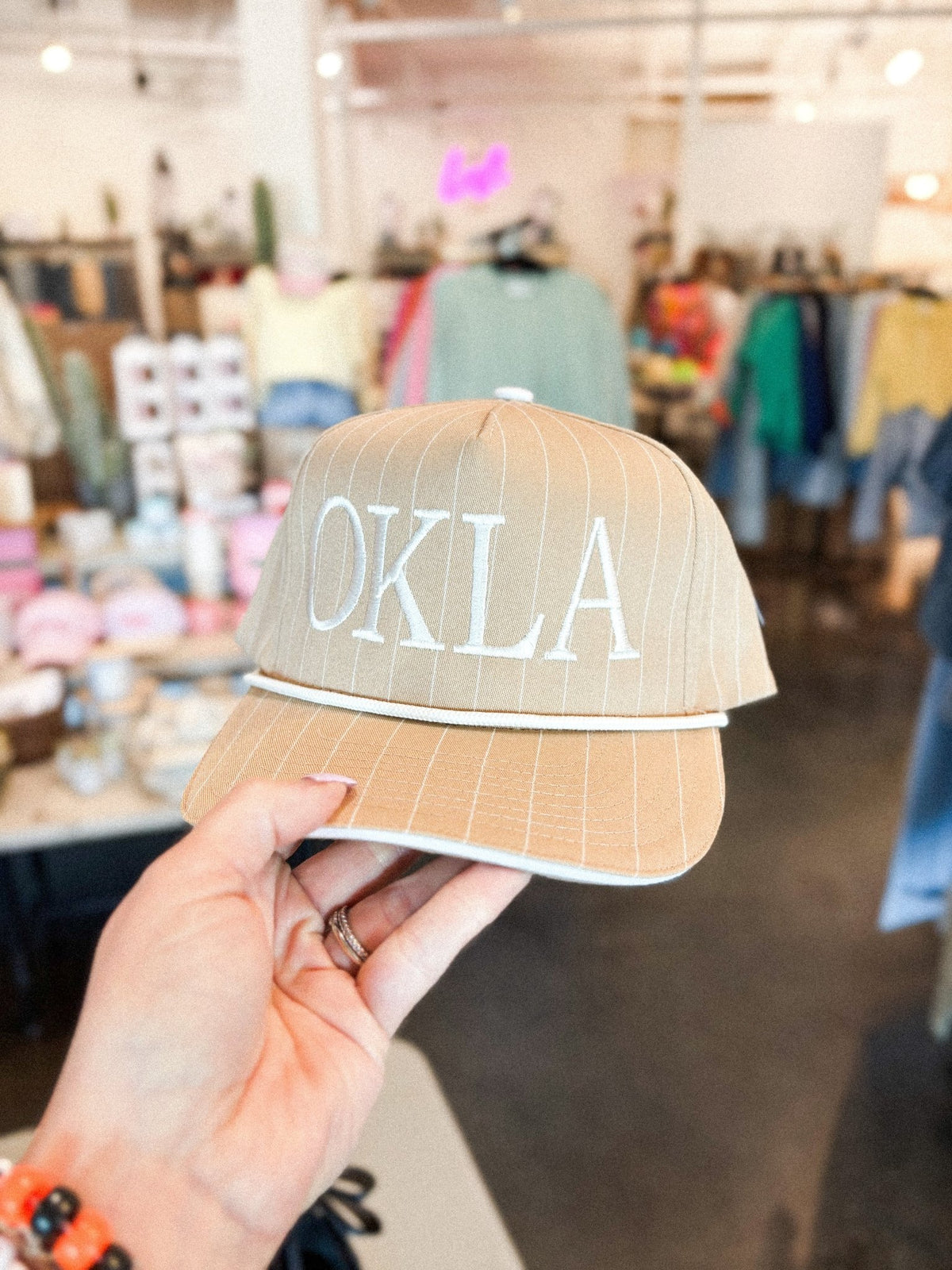 OKLA pinstripe hat khaki/white - Trendy Hats at Lush Fashion Lounge Boutique in Oklahoma City