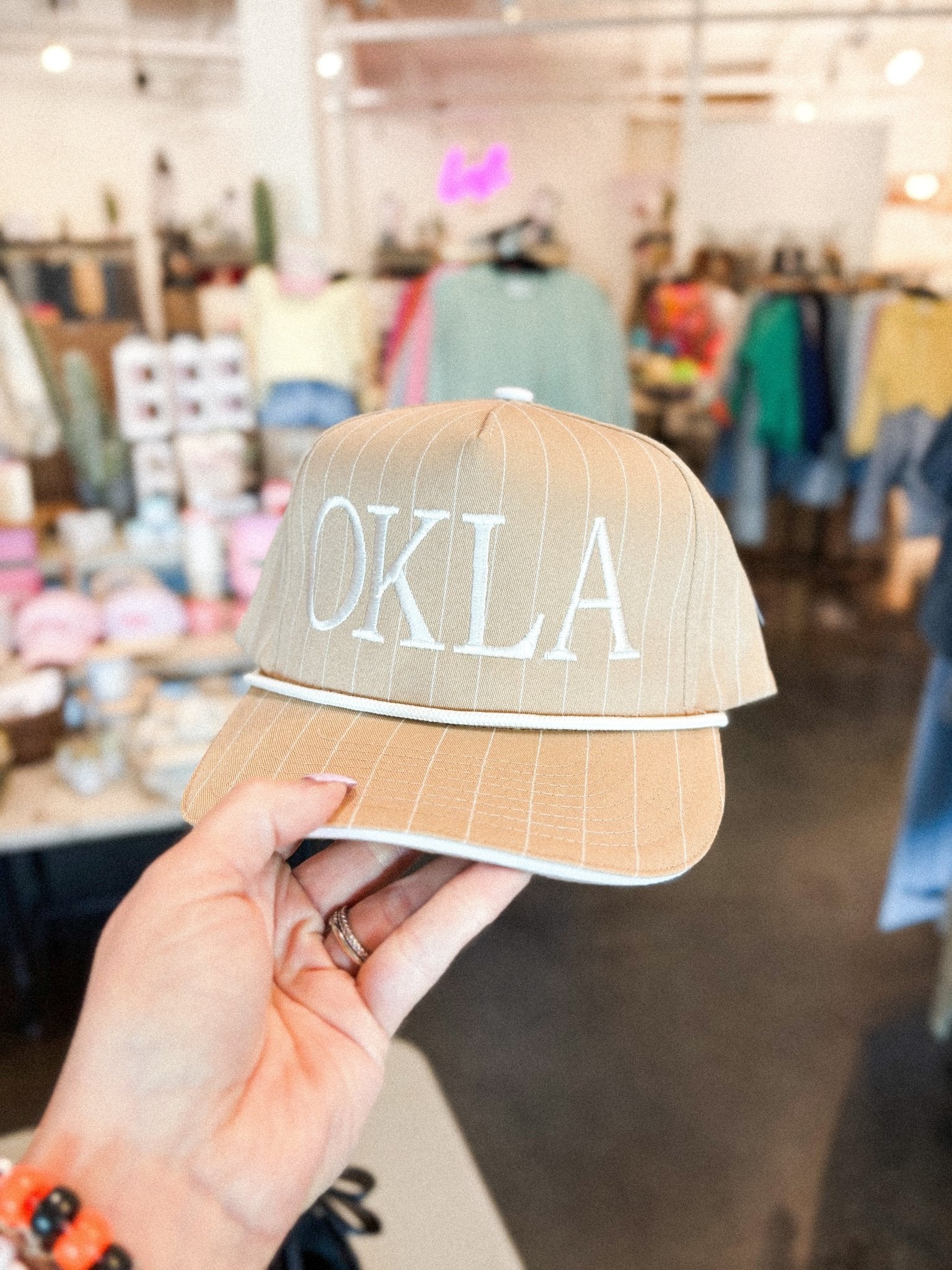 OKLA pinstripe hat khaki/white - Trendy Hats at Lush Fashion Lounge Boutique in Oklahoma City