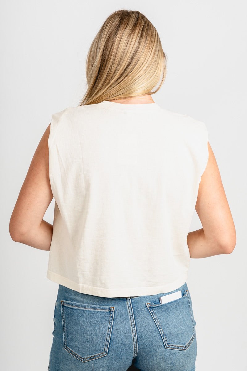 OU OU Sooners bold script muscle tank top off white tank top | Lush Fashion Lounge Trendy Oklahoma University Sooners Apparel & Cute Gameday T-Shirts