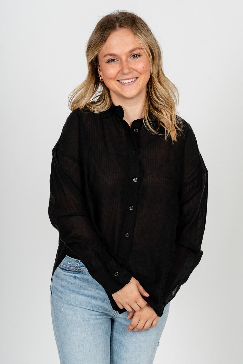 Sheer button up collared blouse black