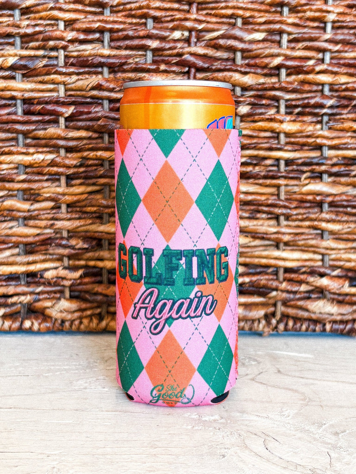 Golfing Again argyle drink koozie pink - Trendy Gifts at Lush Fashion Lounge Boutique in Oklahoma City