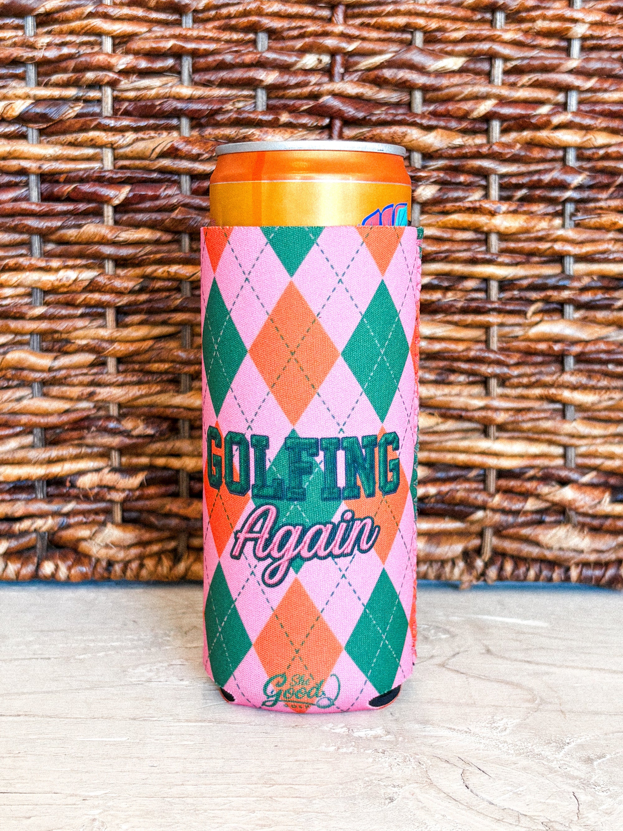 Golfing Again argyle drink koozie pink