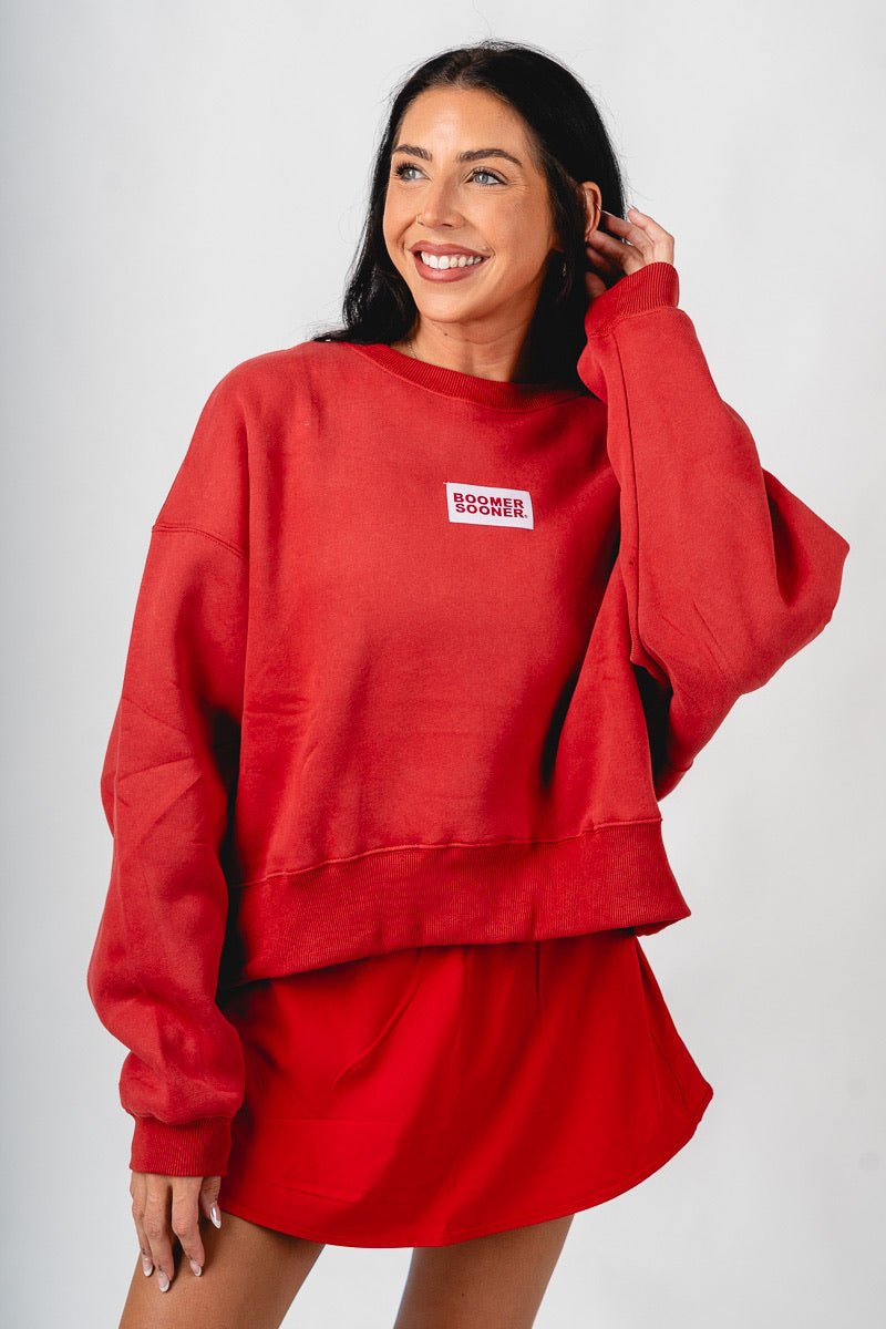 OU Boomer Sooner Becca crew neck sweatshirt crimson Sweatshirt | Lush Fashion Lounge Trendy Oklahoma University Sooners Apparel & Cute Gameday T-Shirts