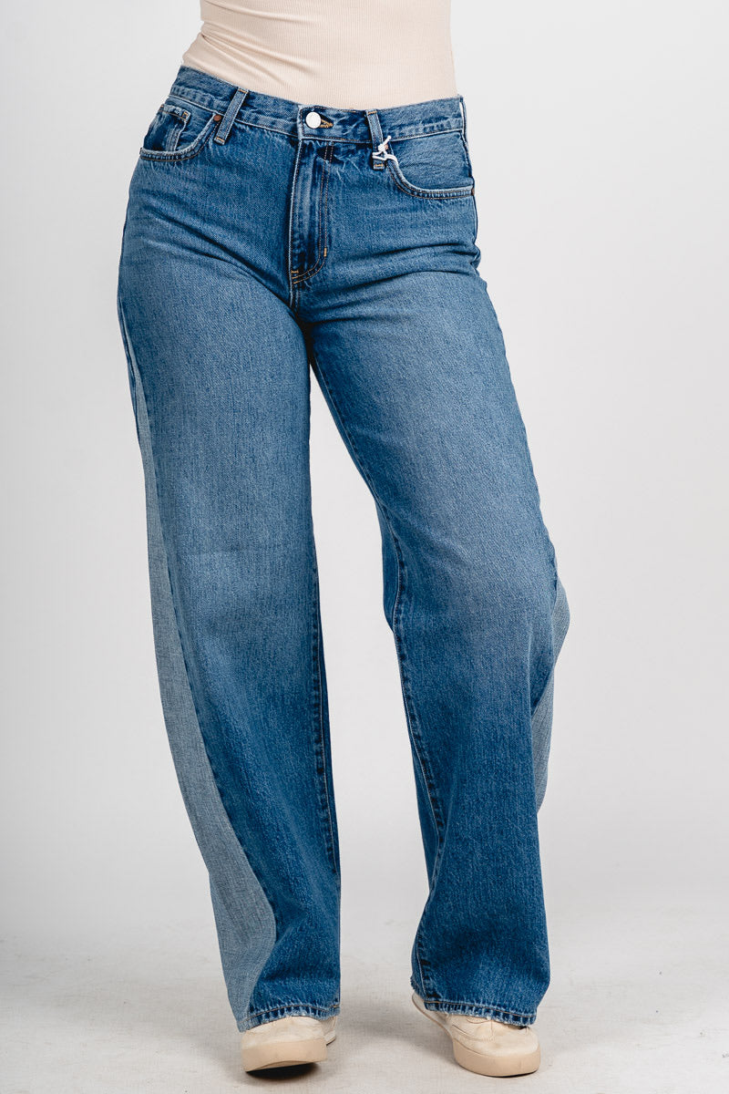 High rise contrast seam barrel jeans medium denim