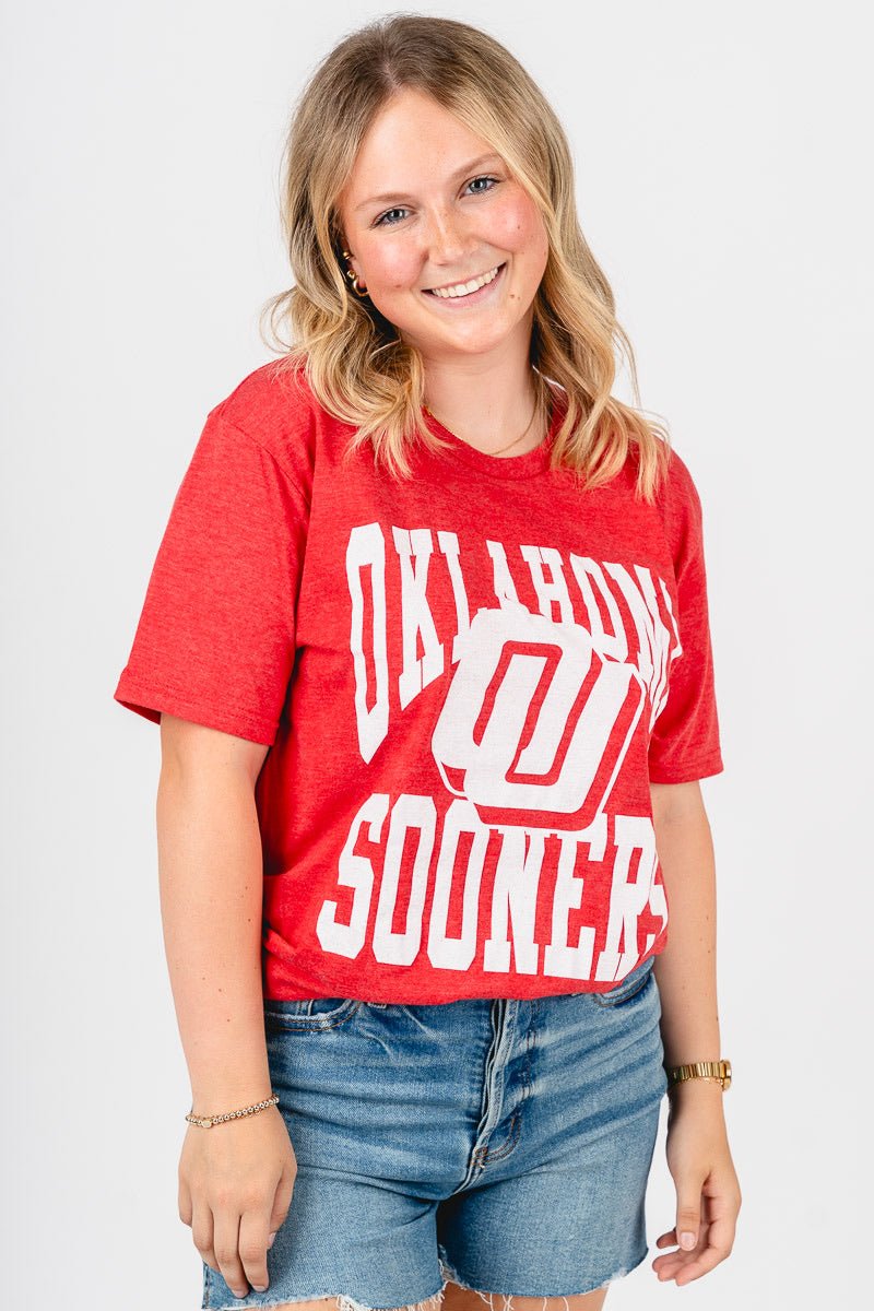 OU OU Sooners logo center unisex t-shirt red T-shirt | Lush Fashion Lounge Trendy Oklahoma University Sooners Apparel & Cute Gameday T-Shirts