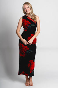 One shoulder mesh maxi dress black floral - Trendy Valentine's T-Shirts at Lush Fashion Lounge Boutique in Oklahoma City