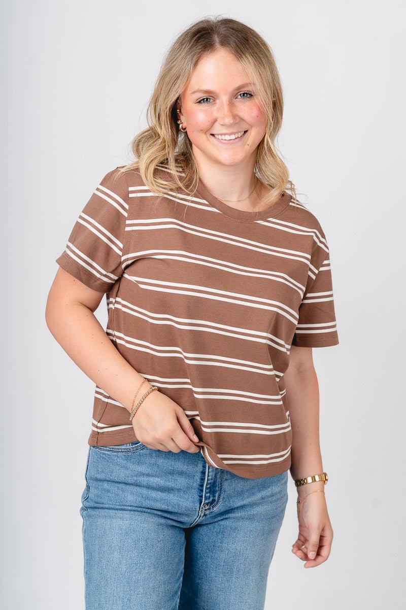 Striped boxy short sleeve t-shirt brown/white