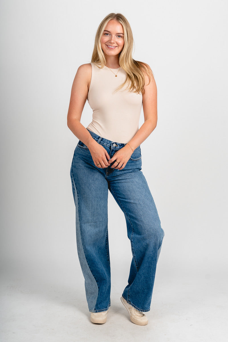 High rise contrast seam barrel jeans medium denim