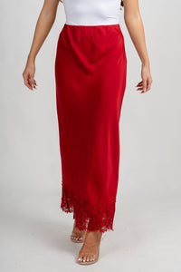 Satin lace trim maxi skirt crimson | Lush Fashion Lounge: boutique fashion skirts, affordable boutique skirts, cute affordable skirts