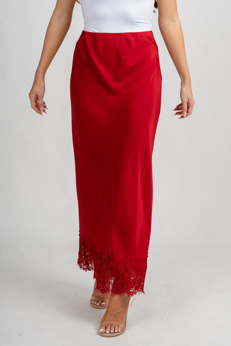 Satin lace trim maxi skirt crimson | Lush Fashion Lounge: boutique fashion skirts, affordable boutique skirts, cute affordable skirts