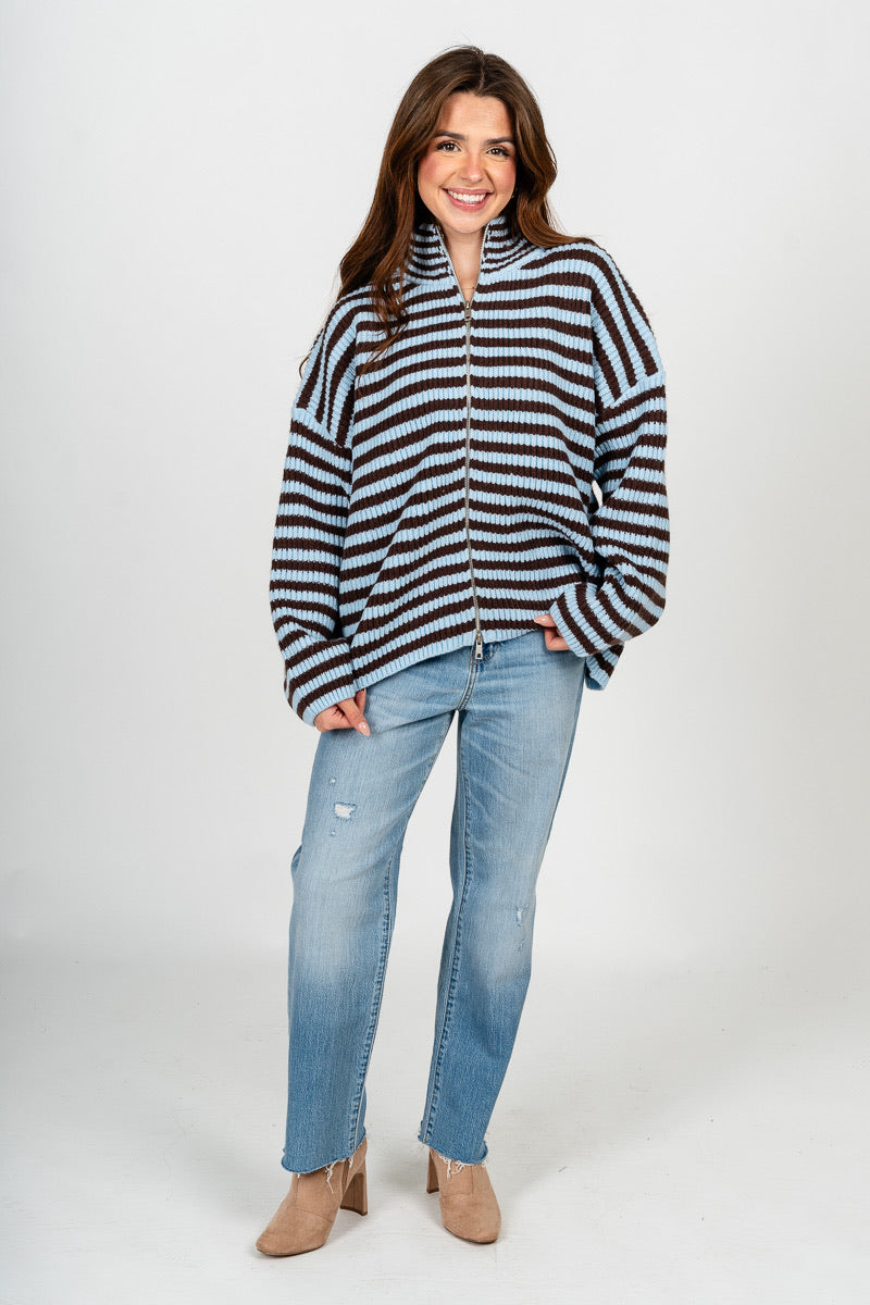 Striped zip up sweater blue/brown - Trendy Sweaters | Cute Pullover Sweaters at Lush Fashion Lounge Boutique in Oklahoma City