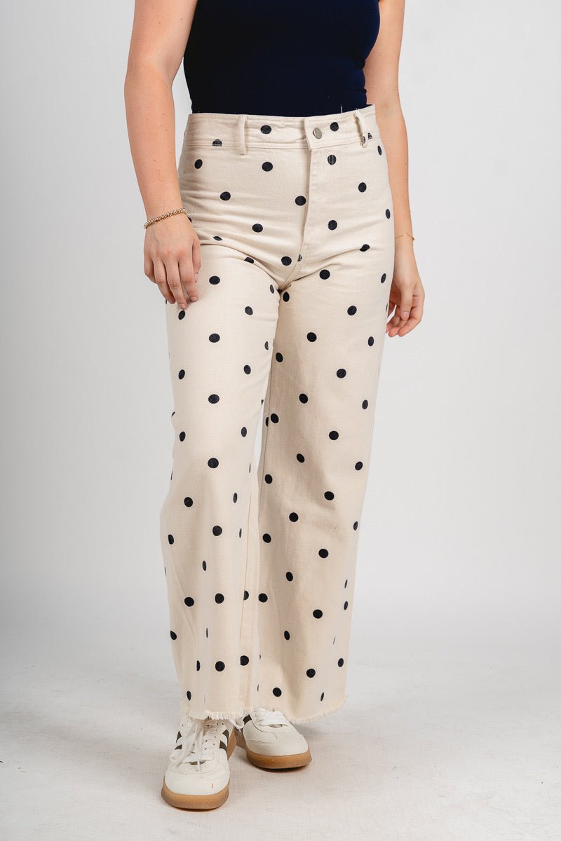 Polka dot jeans oatmeal/navy | Lush Fashion Lounge: boutique women's jeans, fashion jeans for women, affordable fashion jeans, cute boutique jeans