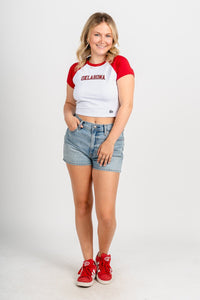 OU OU Sooners home run baby tee cardinal/white T-shirt | Lush Fashion Lounge Trendy Oklahoma University Sooners Apparel & Cute Gameday T-Shirts