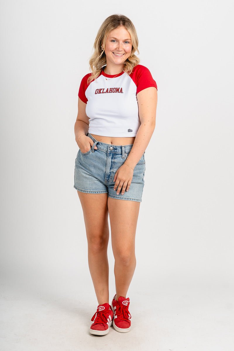 OU OU Sooners home run baby tee cardinal/white T-shirt | Lush Fashion Lounge Trendy Oklahoma University Sooners Apparel & Cute Gameday T-Shirts
