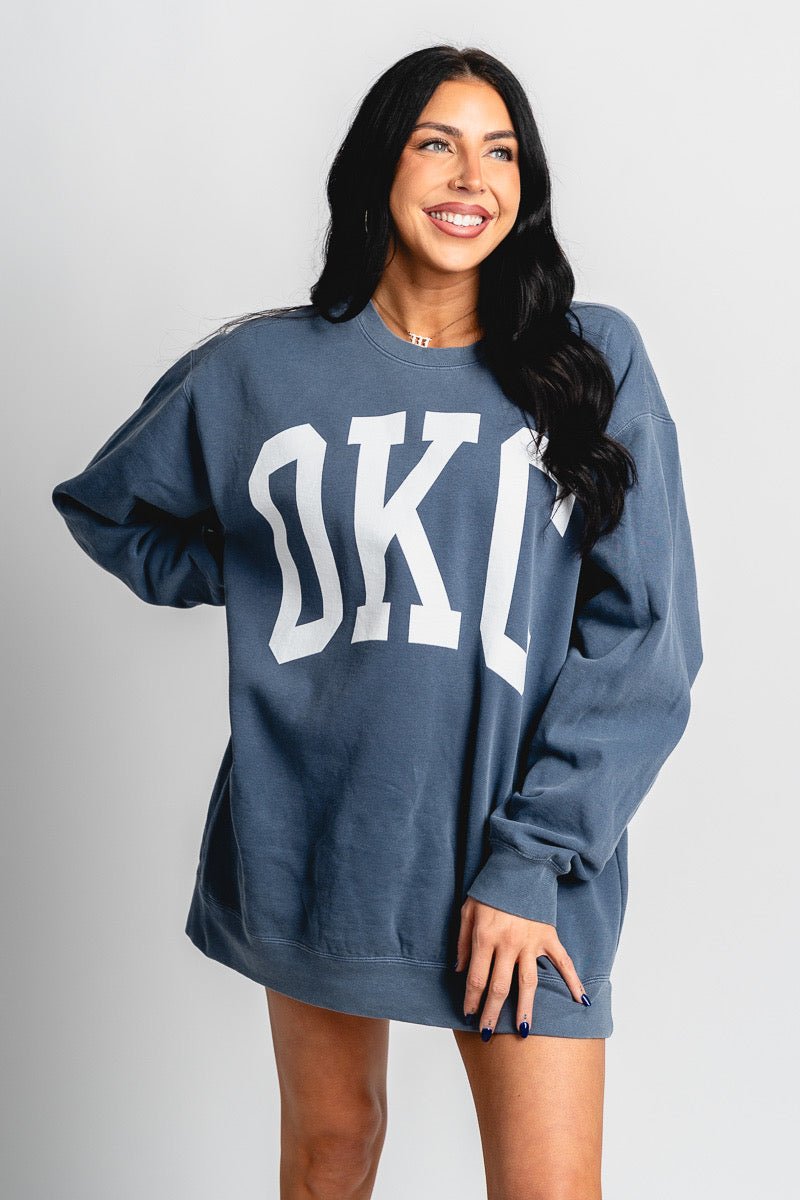 OKC oversized sweatshirt faded navy - Trendy OKC Apparel at Lush Fashion Lounge Boutique in Oklahoma City