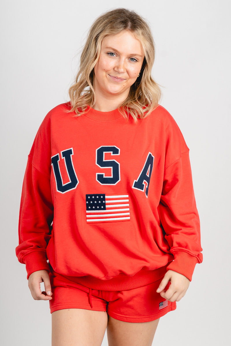 USA sweatshirt tomato - Trendy Sweatshirt - Cute American Summer Collection at Lush Fashion Lounge Boutique in Oklahoma City