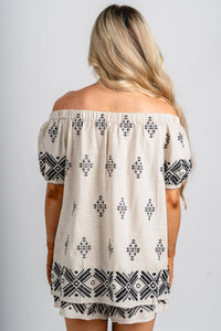 Off shoulder embroidered top natural/black - Adorable top - Stylish Vacation T-Shirts at Lush Fashion Lounge Boutique in Oklahoma City