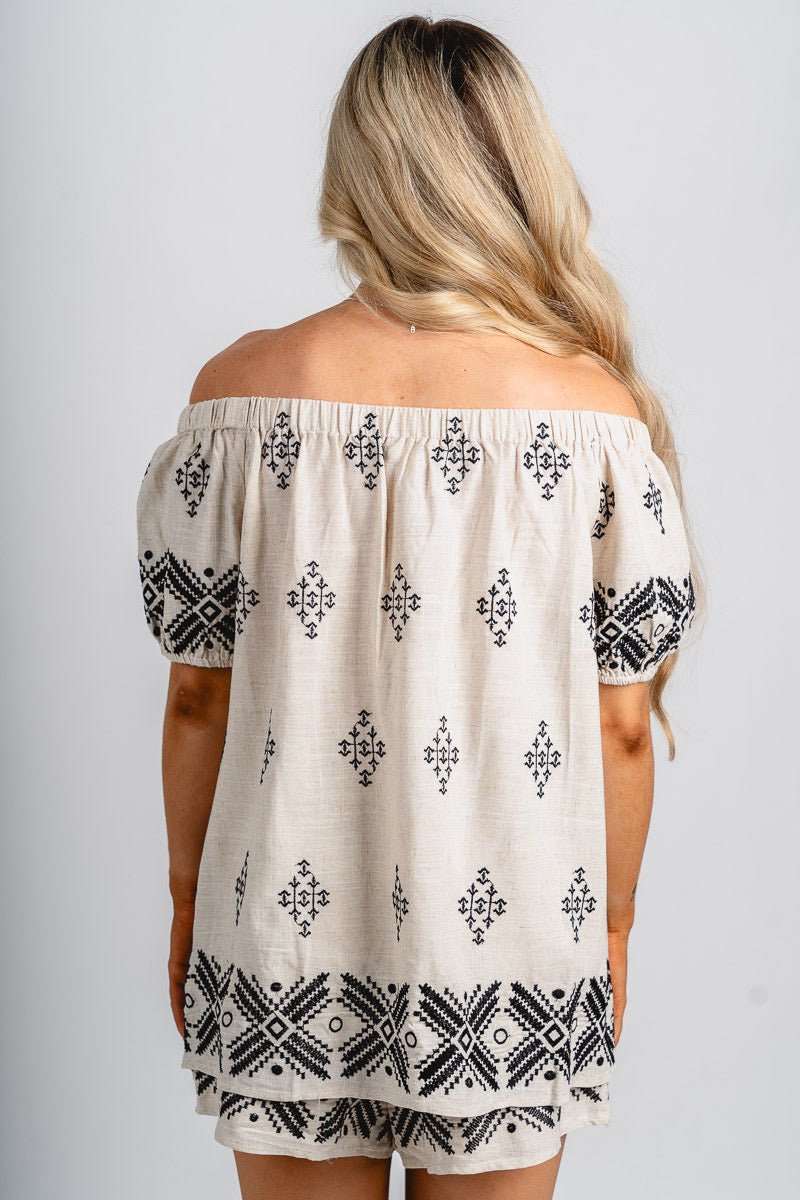 Off shoulder embroidered top natural/black - Adorable top - Stylish Vacation T-Shirts at Lush Fashion Lounge Boutique in Oklahoma City