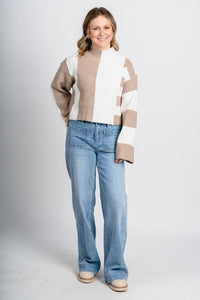 Color block sweater taupe/ivory - Trendy Sweaters | Cute Pullover Sweaters at Lush Fashion Lounge Boutique in Oklahoma City