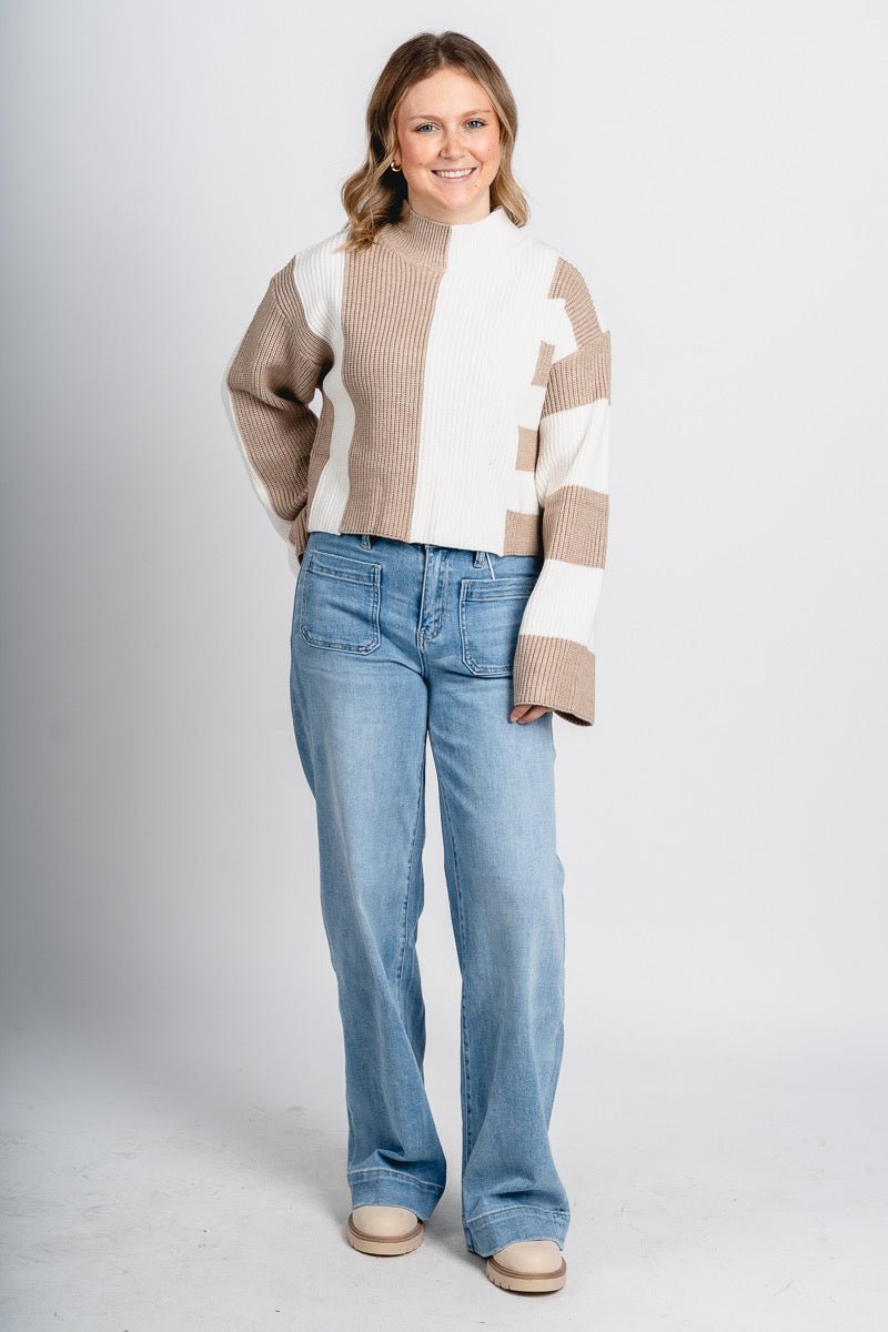 Color block sweater taupe/ivory - Trendy Sweaters | Cute Pullover Sweaters at Lush Fashion Lounge Boutique in Oklahoma City