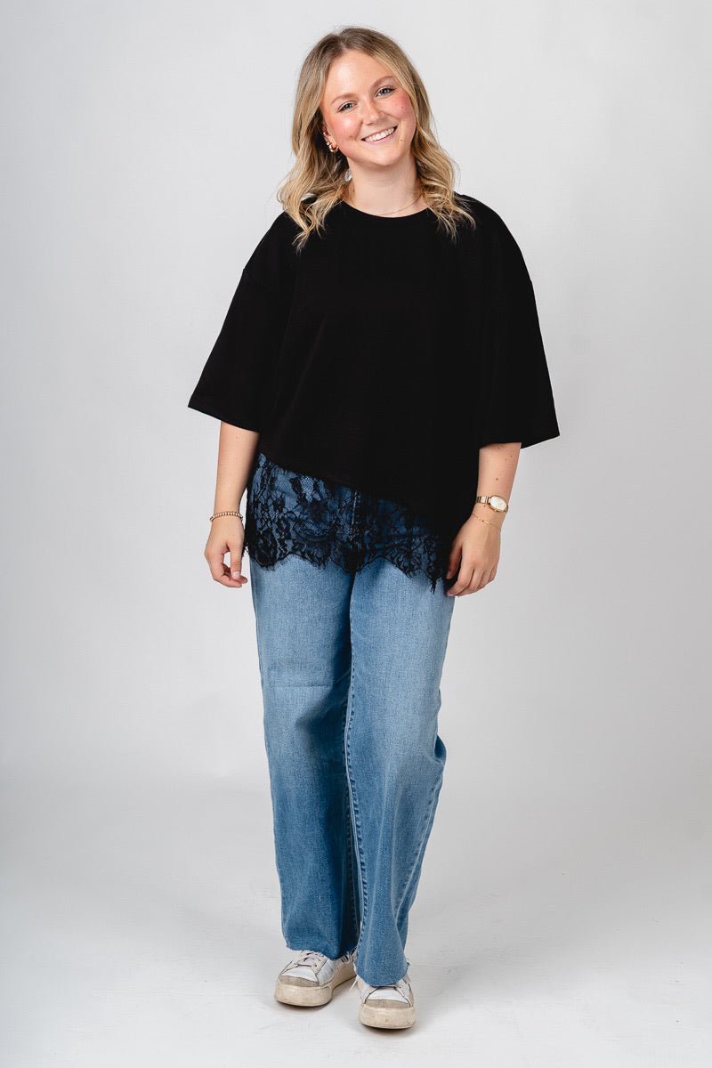 Short sleeve lace trim top black