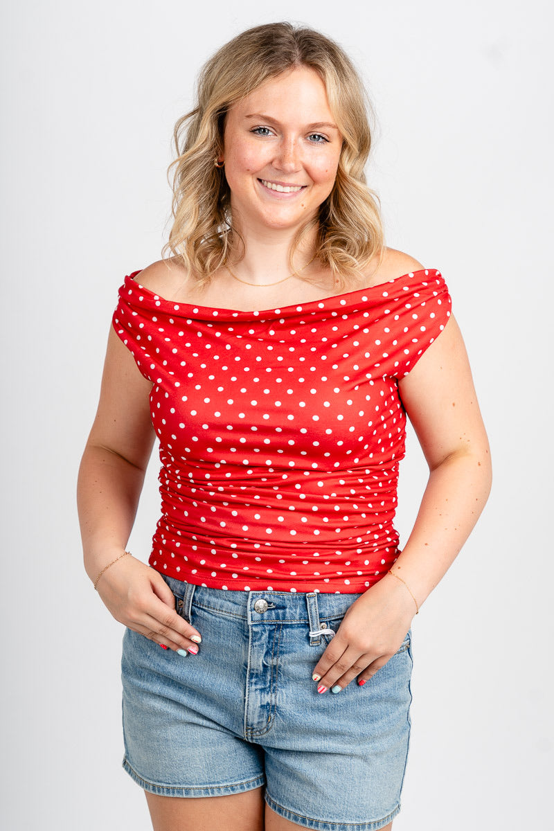 Cowl neck polka dot top red/white